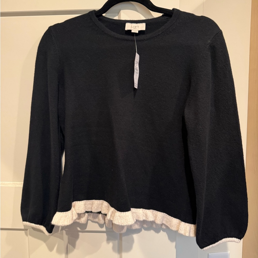 LOFT Black Sweater with Cream Ruffle Hem